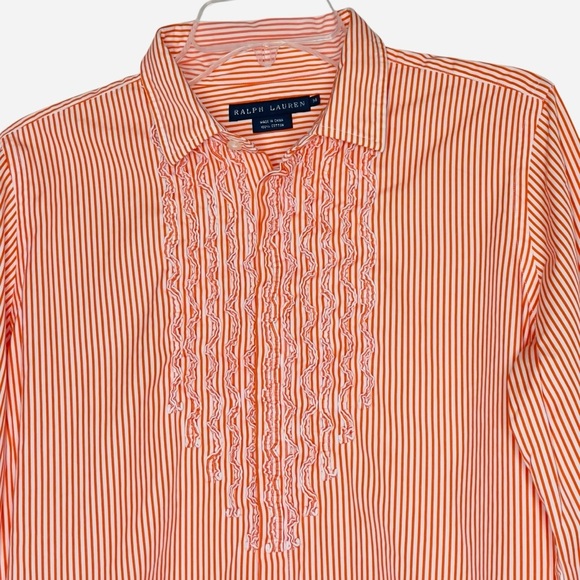 Ralph Lauren Ruffle Shirt Women Sz 14 Button UP Long Sleeve Orange White Striped - Picture 7 of 11